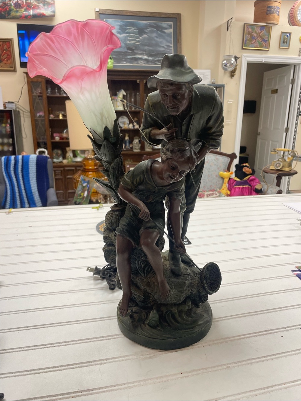 Vintage Father & Son Fishing Figural Bronze Table Lamp